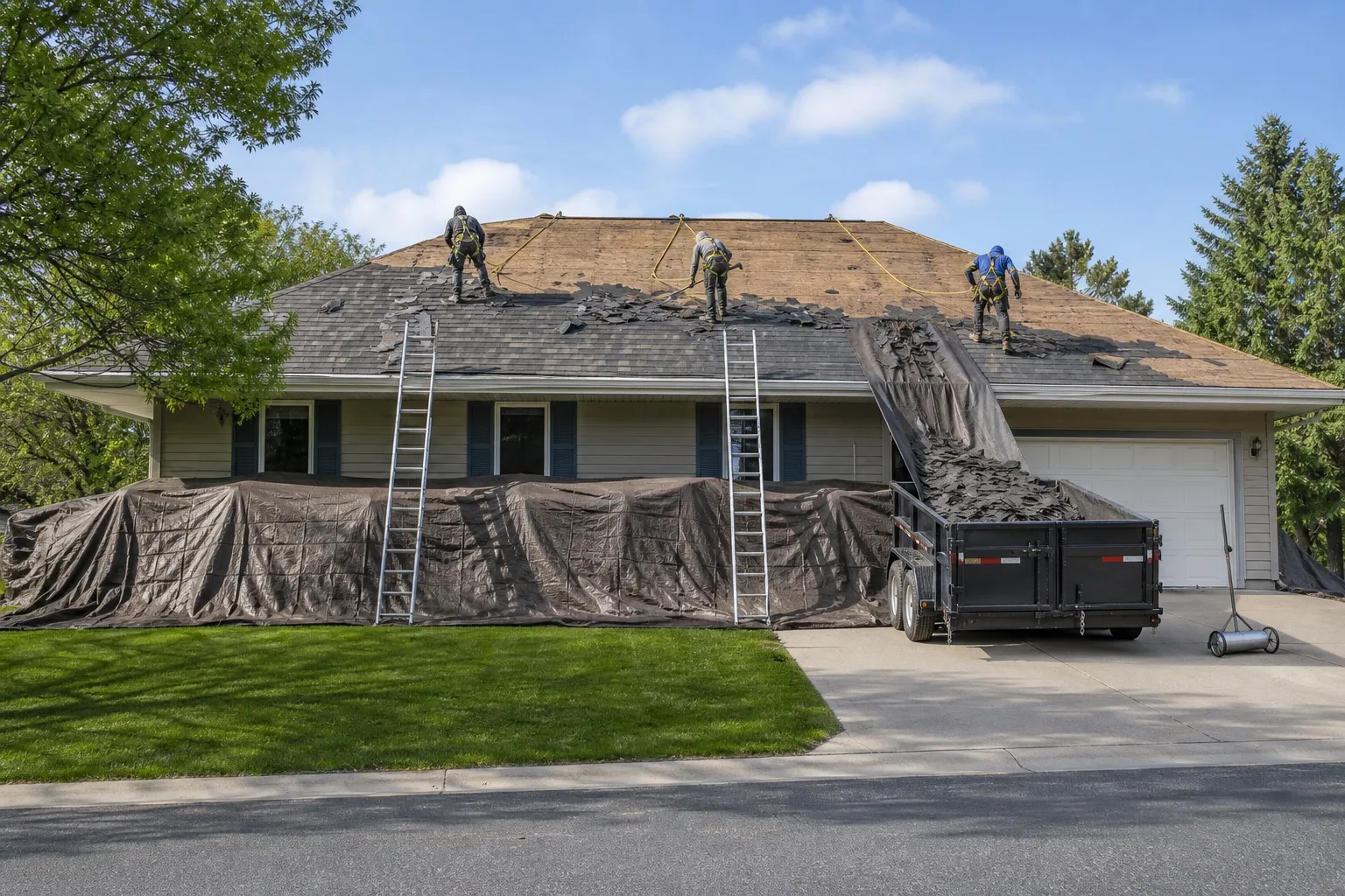 A roofing crew mid tear-off on a suburban home, seen from the street