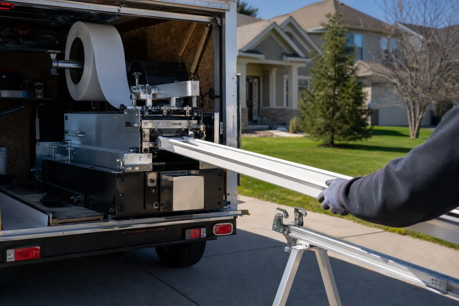 A seamless aluminum gutter being formed on site, running out of the gutter machine in the trailer