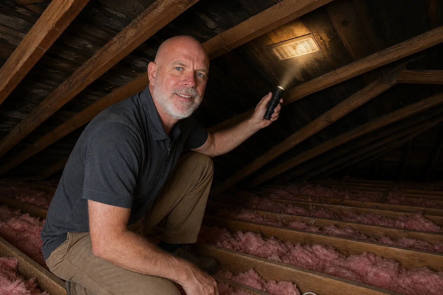Jason in an attic with a flashlight, checking the roof deck and a vent