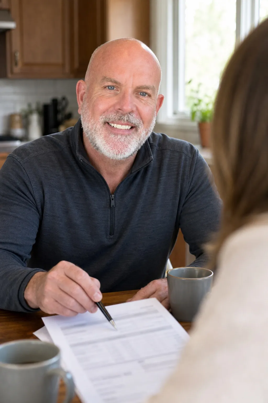 Jason at a homeowner's kitchen table, walking through a printed estimate