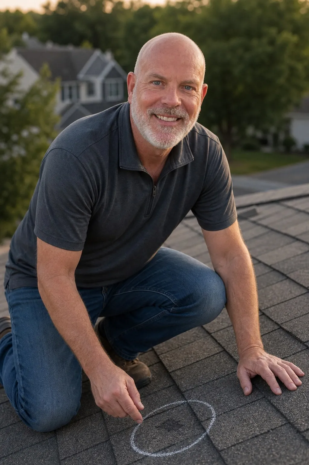 Jason Vogen, owner of Xteriors360, kneeling on a roof beside a chalk-circled hail mark