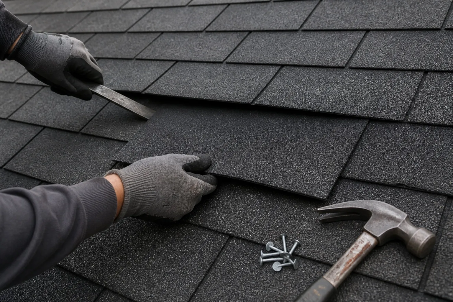 Gloved hands replacing a damaged shingle, lifting the course above with a flat bar and sliding a matching shingle into place