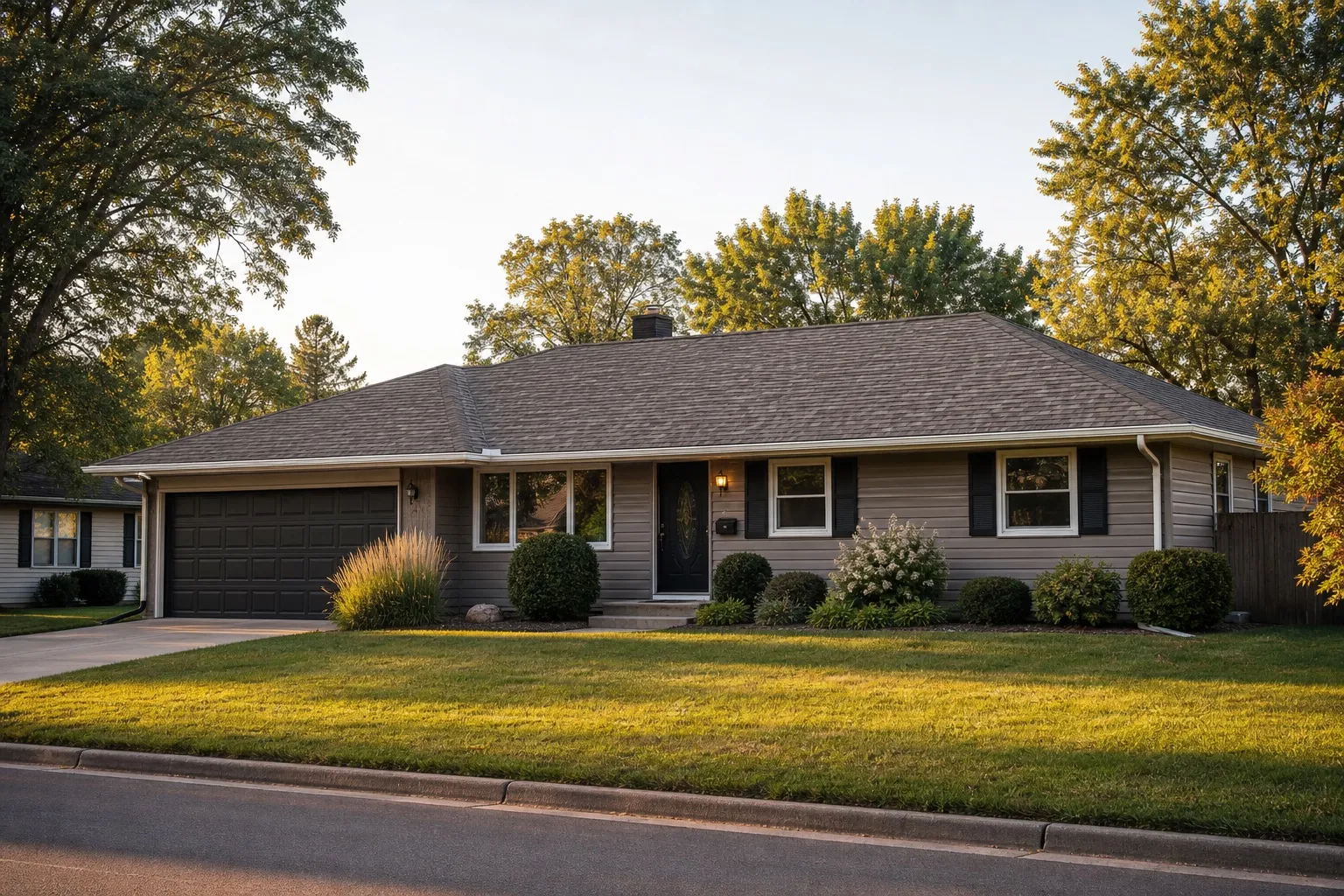 A completed roof replacement on a ranch home, seen from the street at golden hour