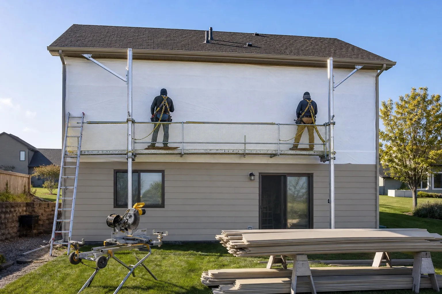 Two installers on a pump-jack scaffold with a safety net, installing lap siding over house wrap on the back of a two-story home