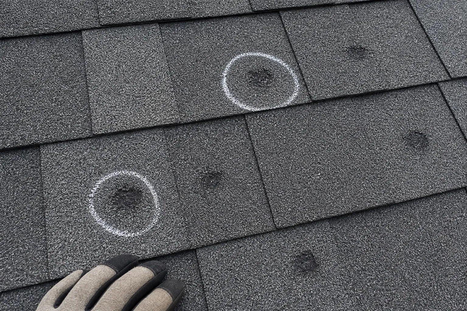 Hail damage on an asphalt shingle circled in chalk, with a gloved hand for scale