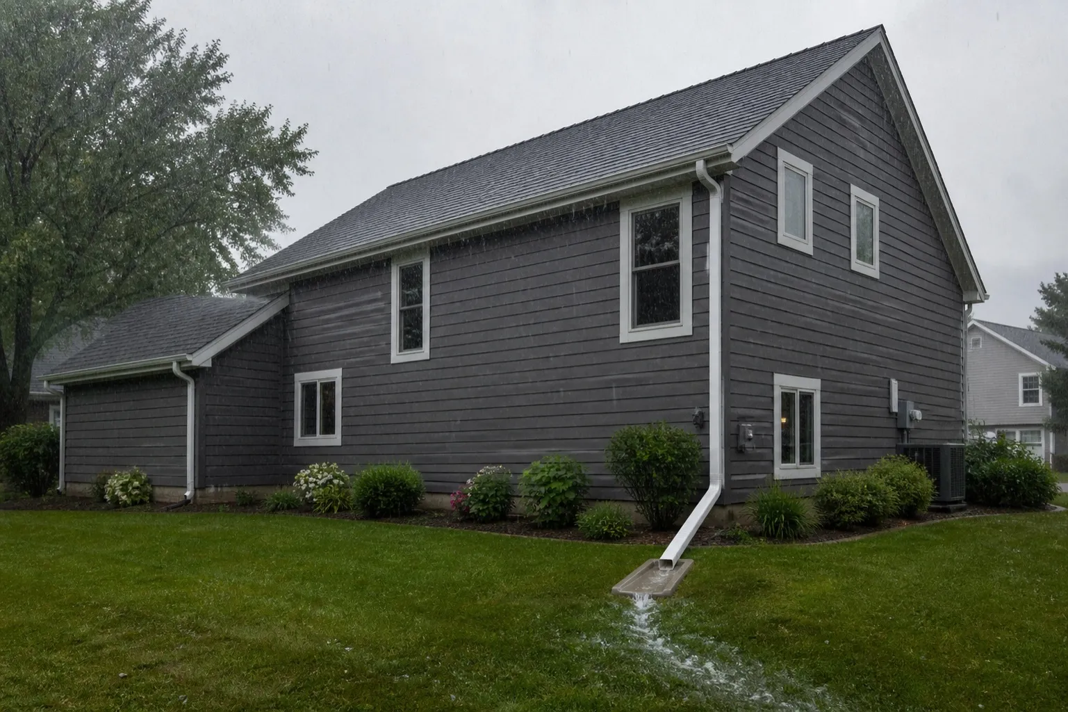 Rain running off a shingle roof into a seamless gutter and out a downspout onto a splash block away from the house
