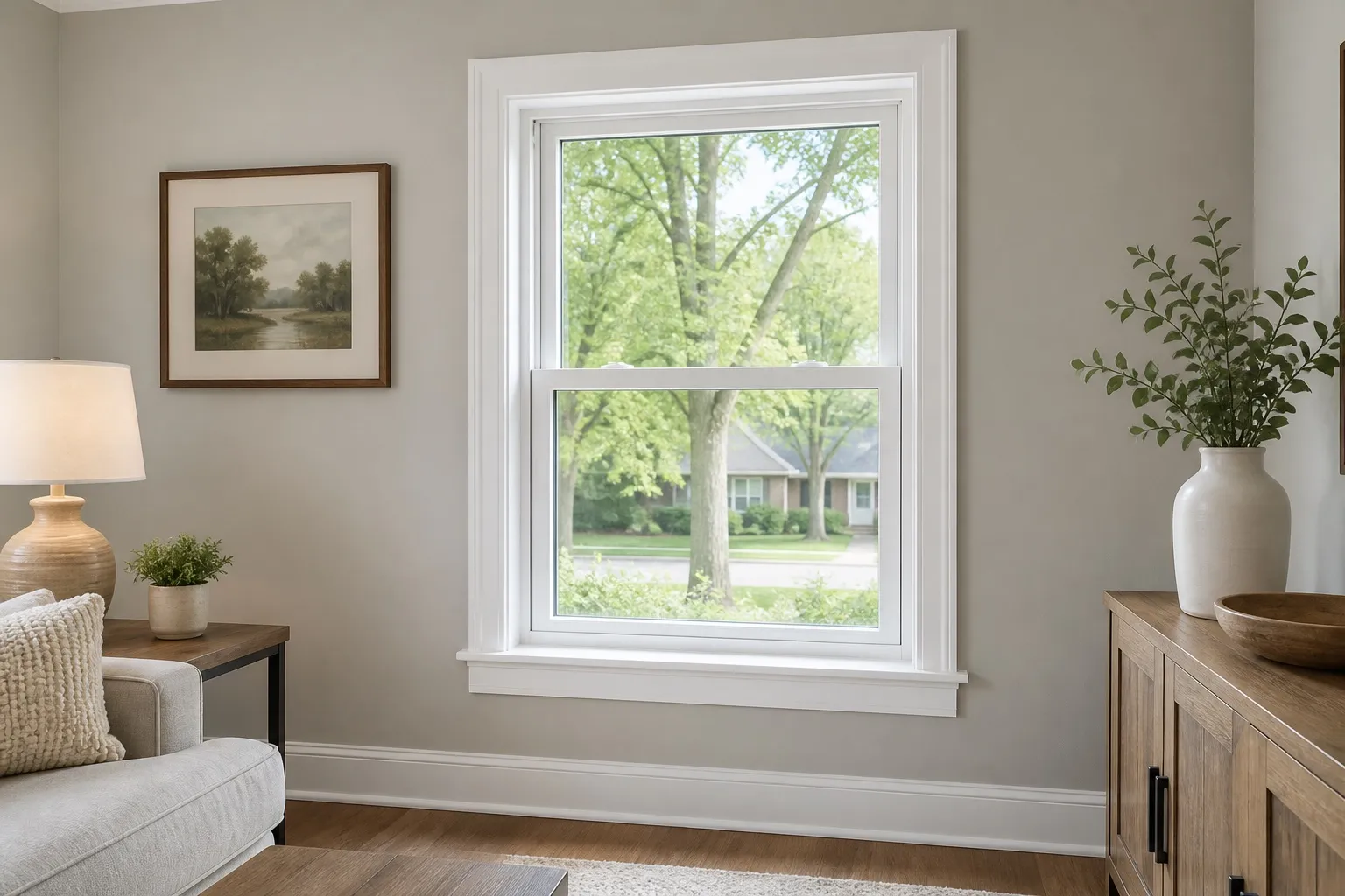 Newly installed white double-hung replacement window seen from inside a bright living room